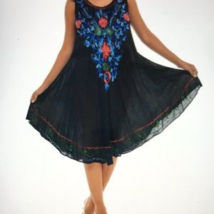 "ONE SIZE" Black & Blue Floral Embroidery Sleeveless Dress by Shoreline